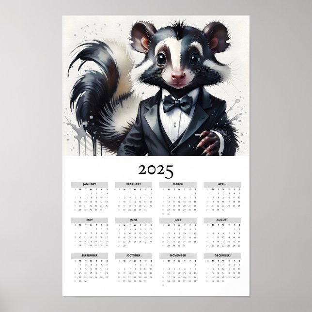 Watercolor Skunk Wearing Tuxedo 2025 Wall Calendar Poster (Front)