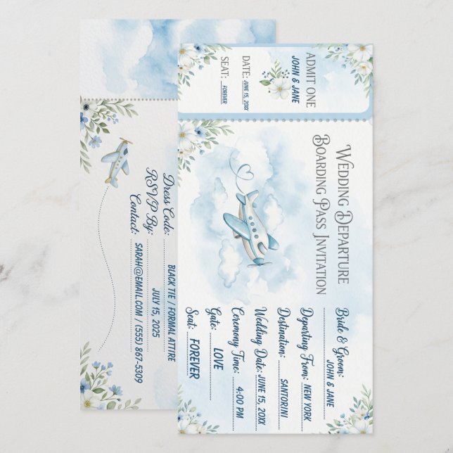 Watercolor Sky Blue boarding pass Wedding Card (Front/Back)