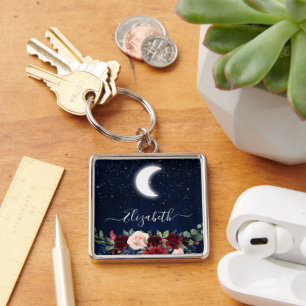 Watercolor Sky Celestial Moon Stars Floral Key Ring