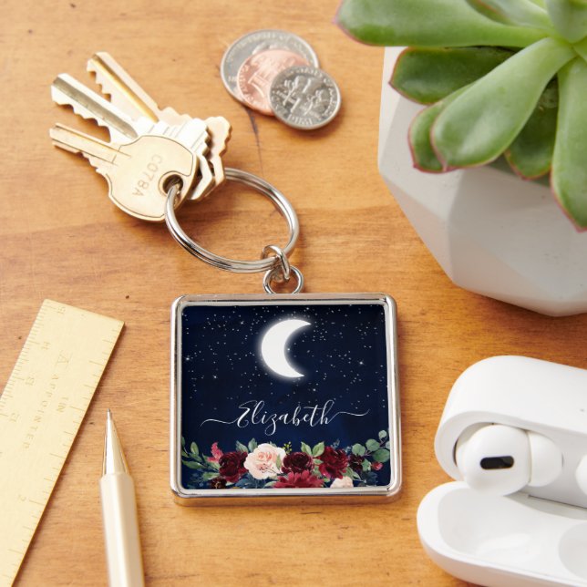 Watercolor Sky Celestial Moon Stars Floral Key Ring (Desk)