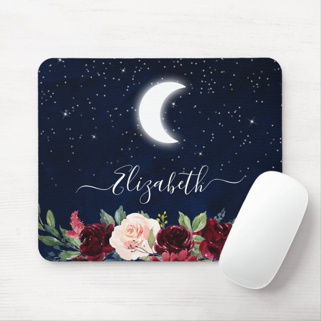 Watercolor Sky Celestial Moon Stars Floral Mouse Mat (With Mouse)