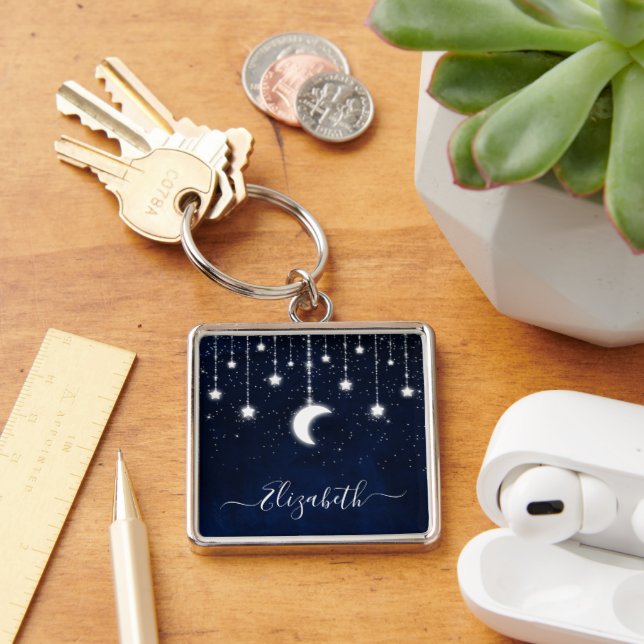 Watercolor Sky Celestial Moon Stars String Lights Key Ring (Desk)