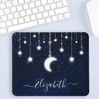 Watercolor Sky Celestial Moon Stars String Lights Mouse Mat