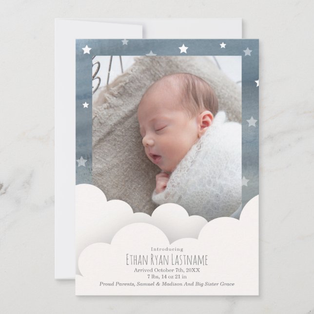 Watercolor Sky Clouds Baby Stats Photo Birth Announcement (Front)