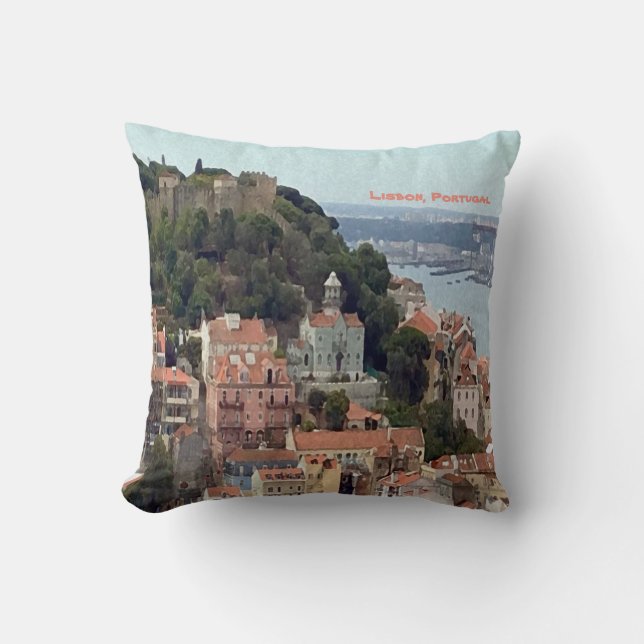 Watercolor Skyline of Lisbon Cushion (Front)
