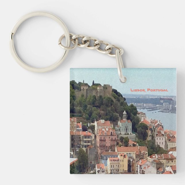 Watercolor Skyline of Lisbon Key Ring (Front)