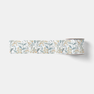 Watercolor Slate Grey Botanical Eucalyptus Leaves Satin Ribbon