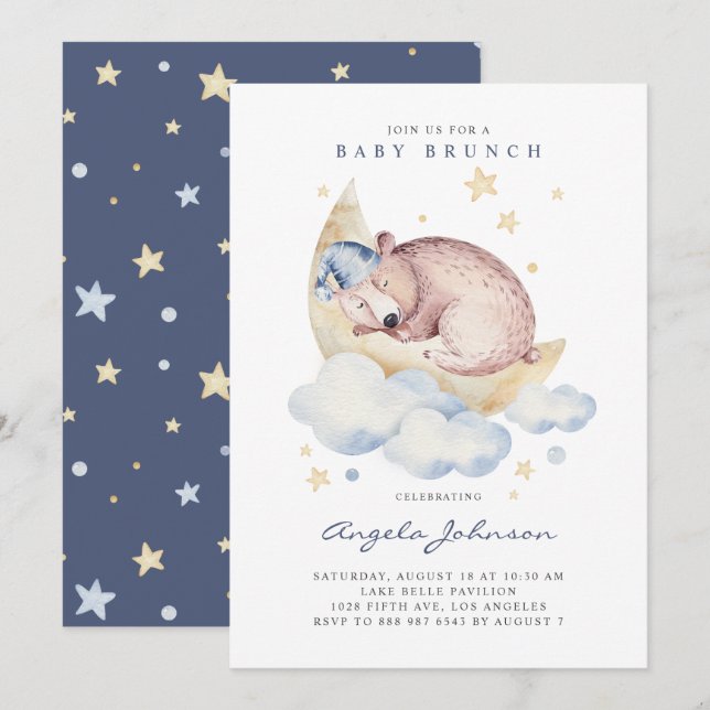 Watercolor Sleeping Baby Bear Baby Brunch Invitation (Front/Back)