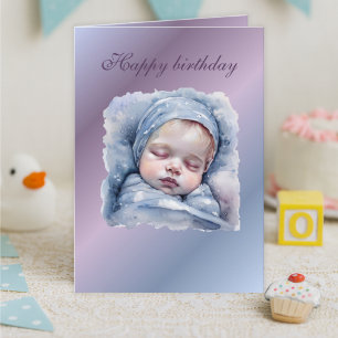 Watercolor Sleeping Baby Birthday Card,soft pastel Card