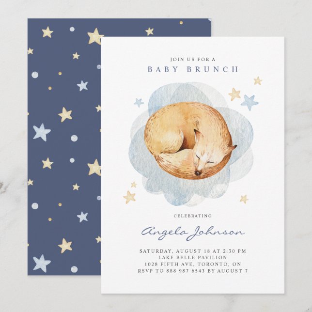 Watercolor Sleeping Baby Fox Baby Brunch Invitation (Front/Back)