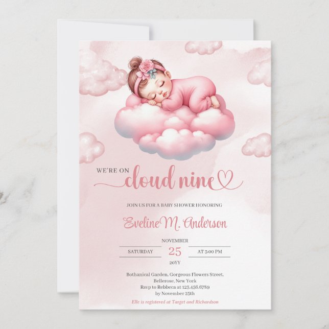 Watercolor sleeping baby girl cloud nine invitation (Front)