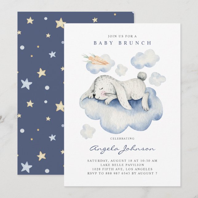 Watercolor Sleeping Baby Rabbit Baby Brunch Invitation (Front/Back)