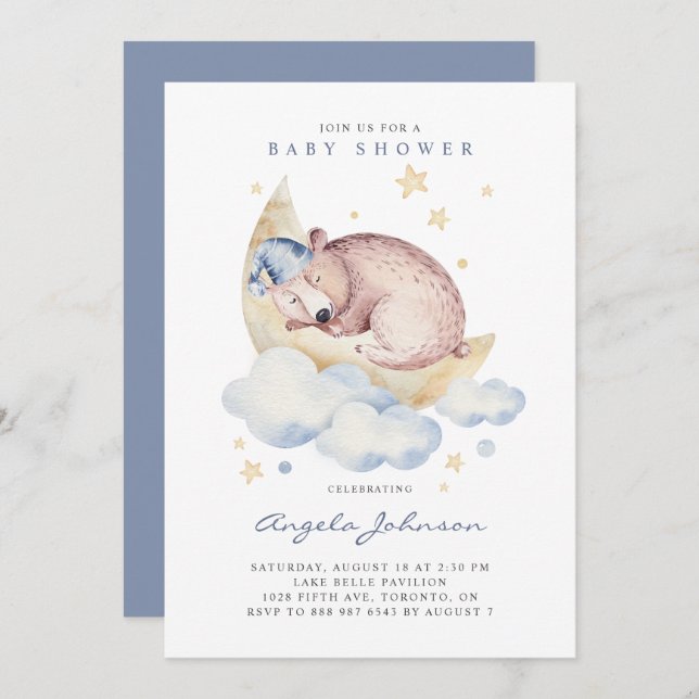 Watercolor Sleeping Bear It's a Boy Baby Shower Invitation (Front/Back)