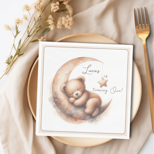 Watercolor Sleeping Beige Brown Bear on the Moon Napkin (Creator Uploaded)