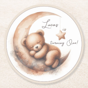 Watercolor Sleeping Beige Brown Bear on the Moon Round Paper Coaster