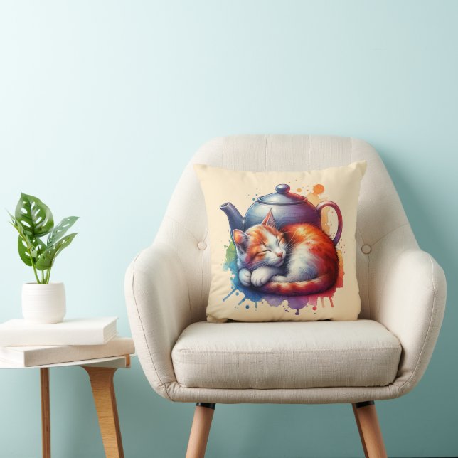 Watercolor Sleeping Cat Teapot Cushion (Chair)