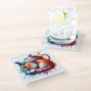 Watercolor Sleeping Cat Teapot Glass Coaster