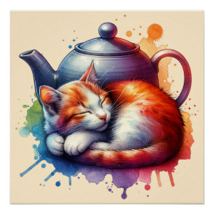 Watercolor Sleeping Cat Teapot Poster