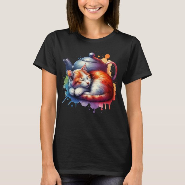 Watercolor Sleeping Cat Teapot T-Shirt (Front)