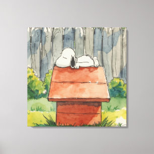 Watercolor Sleeping Dog on Red Doghouse Art Canvas Print