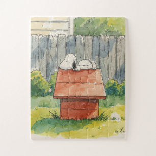 Watercolor Sleeping Dog on Red Doghouse Art Jigsaw Puzzle