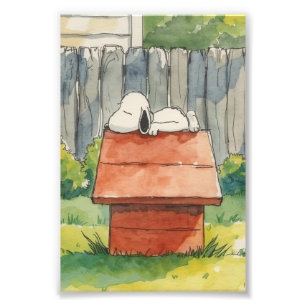 Watercolor Sleeping Dog on Red Doghouse Art Photo Print