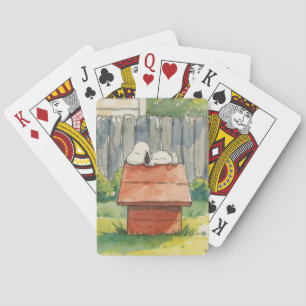 Watercolor Sleeping Dog on Red Doghouse Art Playing Cards