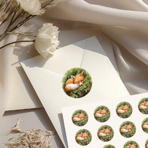 Watercolor Sleeping Fox Greenery Baby Shower Classic Round Sticker