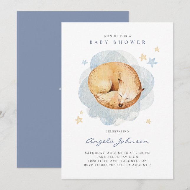 Watercolor Sleeping Fox It's a Boy Baby Shower Invitation (Front/Back)