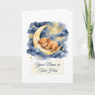 Watercolor Sleeping Highland Calf on Crescent Moon Card