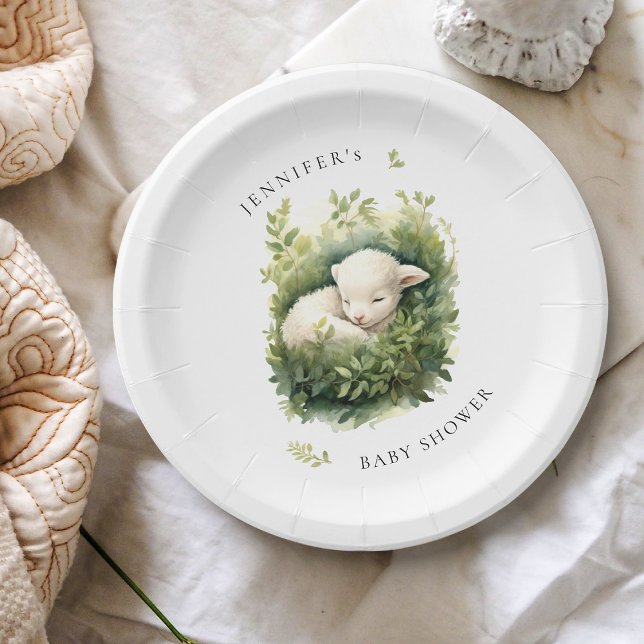 Watercolor Sleeping Lamb Greenery Baby Shower Paper Plate (Creator Uploaded)