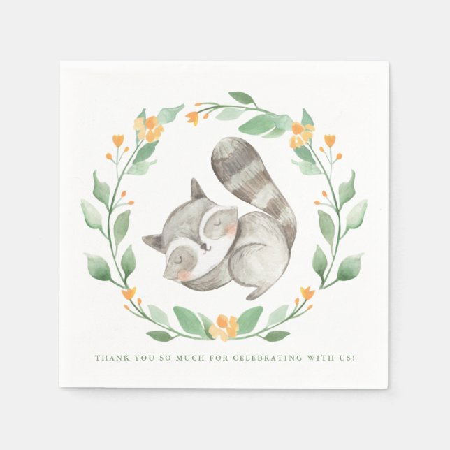 Watercolor Sleeping Racoon Wreath Baby Shower Napkin (Front)