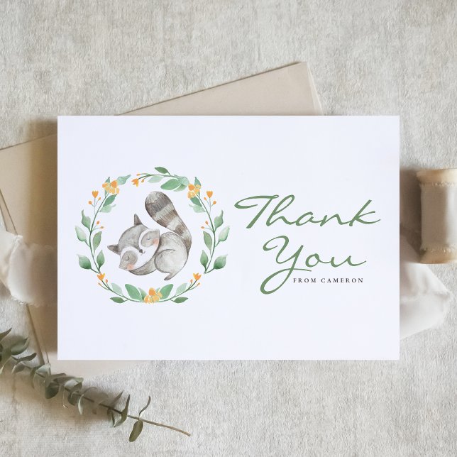 Watercolor Sleeping Racoon Wreath Baby Shower Thank You Card (Creator Uploaded)