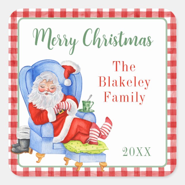Watercolor Sleeping Santa Christmas Gift Enclosure Square Sticker (Front)