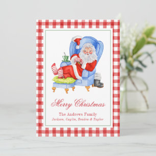 Watercolor Sleeping Santa Gingham Christmas Holiday Card