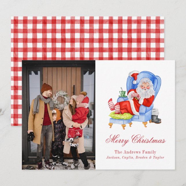 Watercolor Sleeping Santa Gingham Christmas Photo Holiday Card (Front/Back)