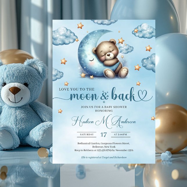 Watercolor sleepy baby bear blue moon gold stars invitation (love you to the moon and back - boy baby shower invitation)