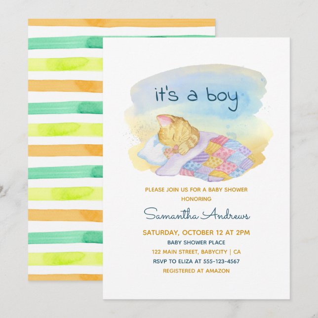 Watercolor Sleepy Kitten It's a Boy Baby Shower Invitation (Front/Back)