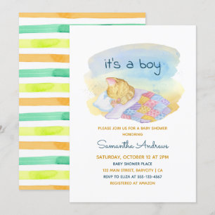 Watercolor Sleepy Kitten It's a Boy Baby Shower Invitation
