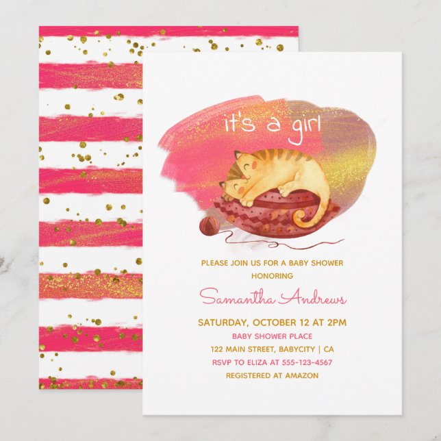 Watercolor Sleepy Kitten It's a Girl Baby Shower  Invitation (Front/Back)