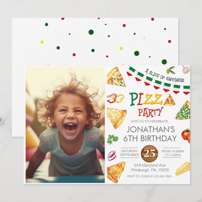 Watercolor Slice Kids Pizza Party Birthday Invitat Invitation (Front/Back)