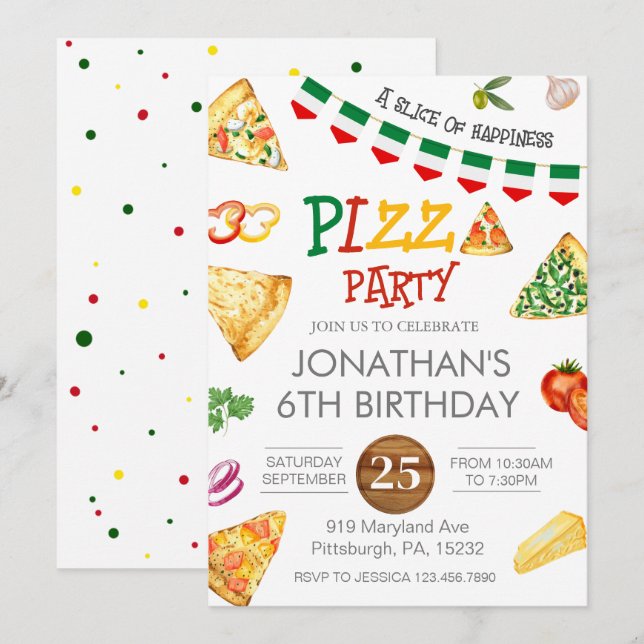 Watercolor Slice Kids Pizza Party Birthday Invitat Invitation (Front/Back)