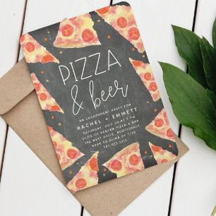 Watercolor Slice Pizza & Beer Engagement Party Invitation