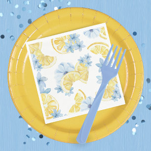 Watercolor Sliced Lemon and Blue Flower Patterned Napkin