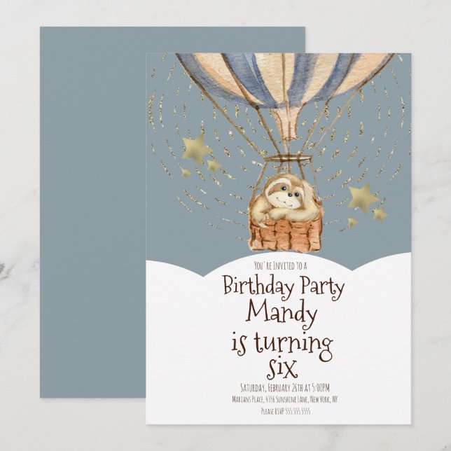Watercolor Sloth Airballoon Birthday Dusty Blue Invitation (Front/Back)