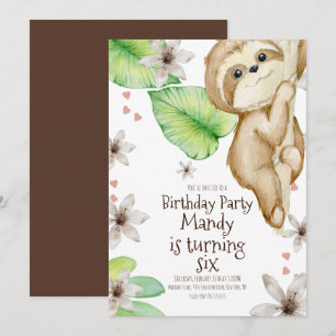 Watercolor Sloth Hanging Heart Floral Birthday Invitation