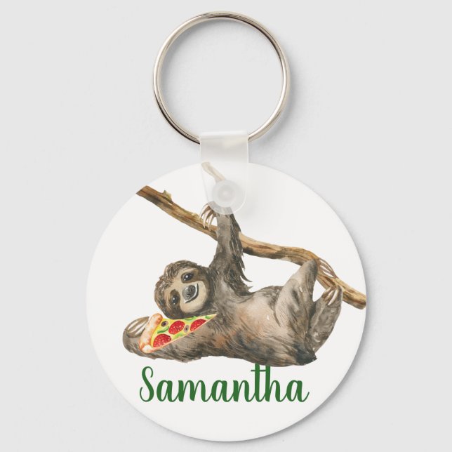 Watercolor Sloth Monogram Pizza Funny Key Ring (Front)