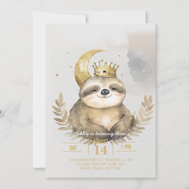 Watercolor Sloth Moon Crown                        Invitation (Front)