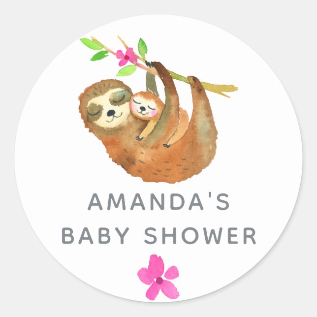 Watercolor Sloth themed Baby Shower Classic Round Sticker (Front)
