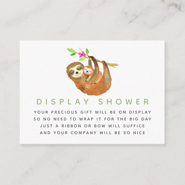 Watercolor Sloth themed Baby Shower Display Shower Enclosure Card (Front)